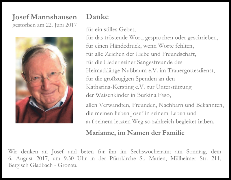  Traueranzeige für Josef Mannshausen vom 02.08.2017 aus Kölner Stadt-Anzeiger / Kölnische Rundschau / Express