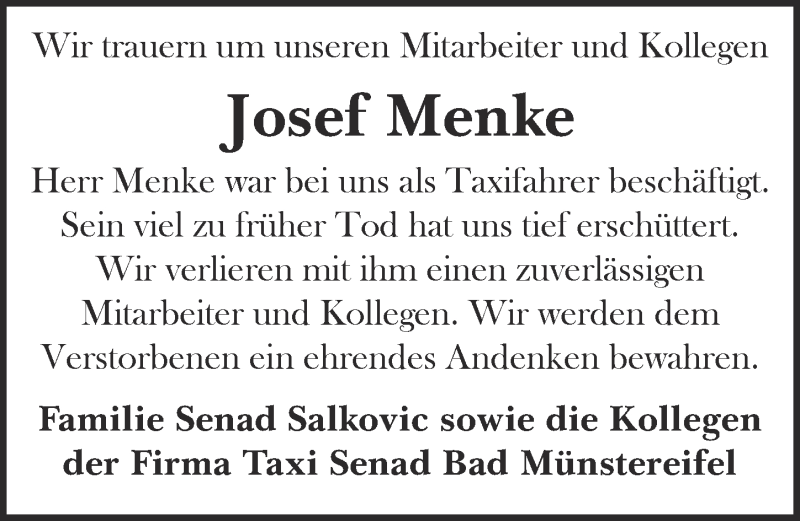  Traueranzeige für Josef Menke vom 05.08.2017 aus  Blickpunkt Euskirchen 