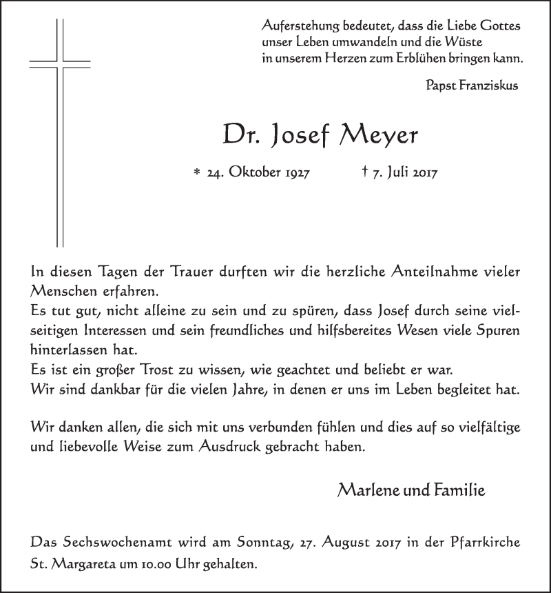 Traueranzeige für Josef Meyer vom 16.08.2017 aus  Schlossbote/Werbekurier 