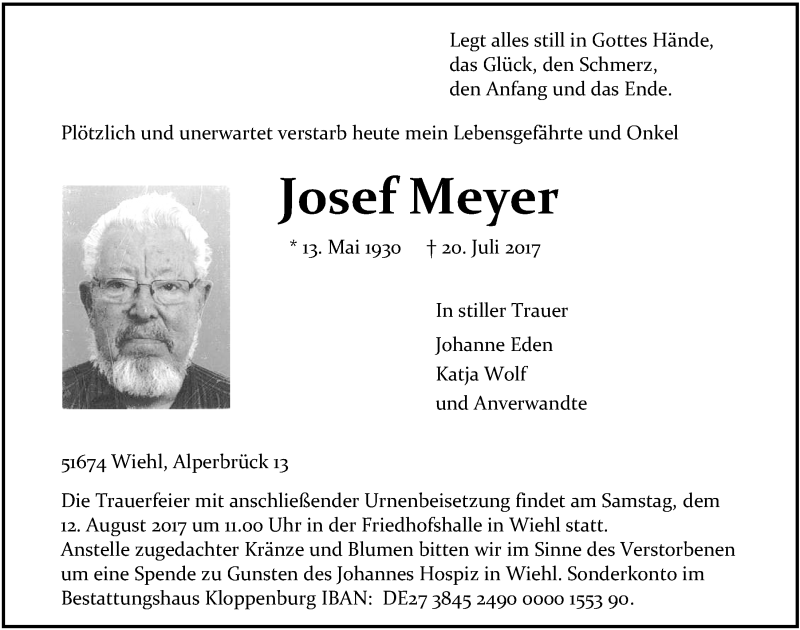  Traueranzeige für Josef Meyer vom 02.08.2017 aus  Anzeigen Echo 