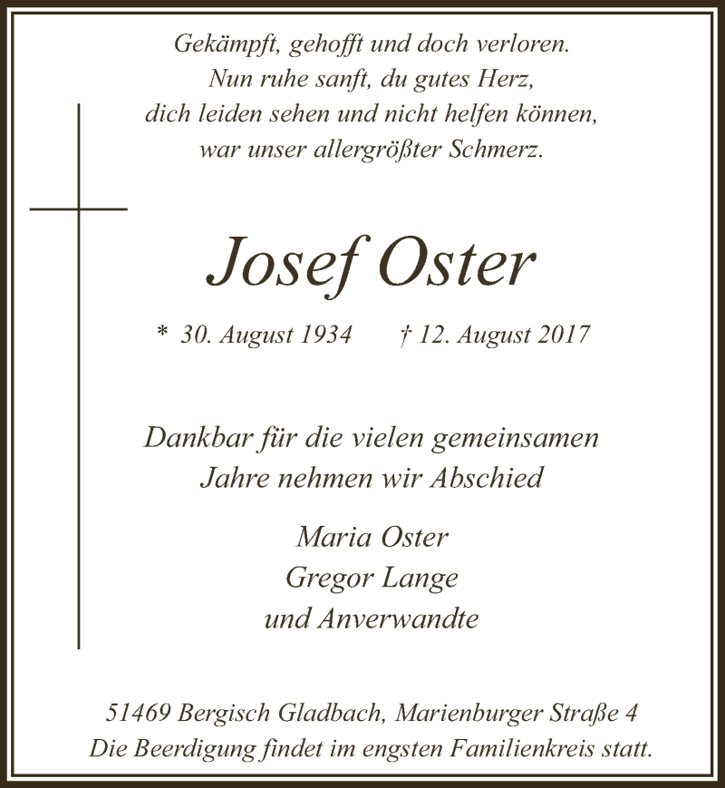 Traueranzeige für Josef Oster vom 16.08.2017 aus  Bergisches Handelsblatt 