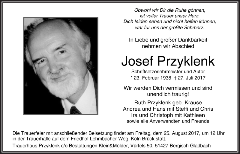  Traueranzeige für Josef Przyklenk vom 16.08.2017 aus  Kölner Wochenspiegel 