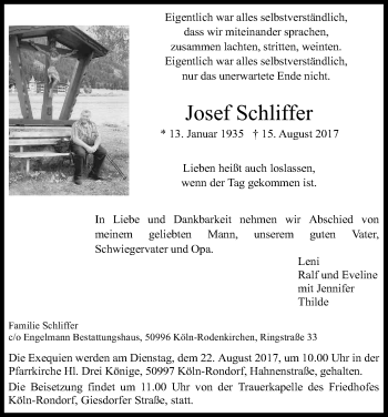 Anzeige von Josef Schliffer von Kölner Stadt-Anzeiger / Kölnische Rundschau / Express