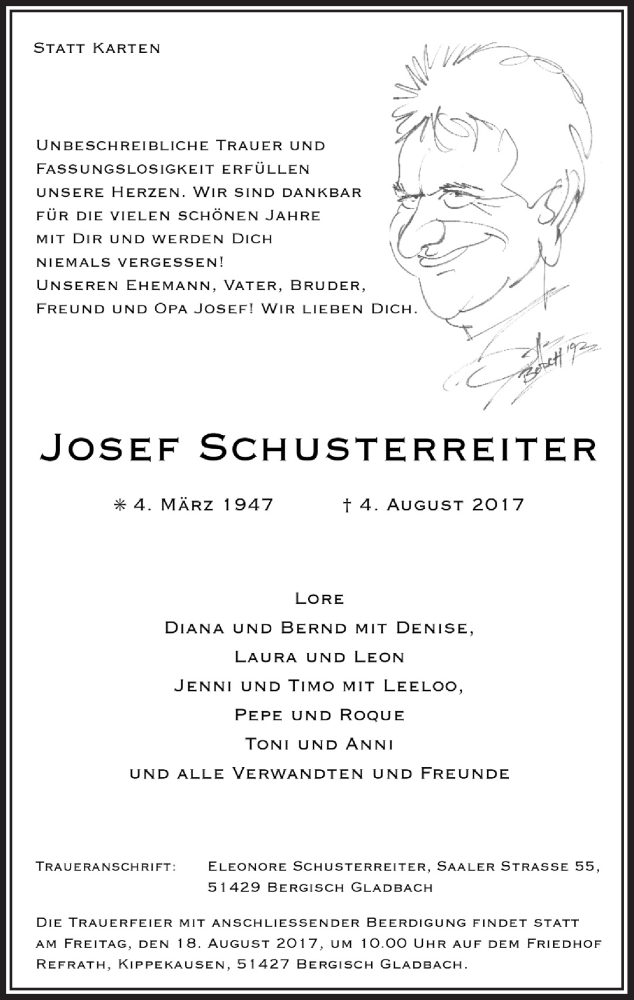  Traueranzeige für Josef Schusterreiter vom 12.08.2017 aus  Bergisches Sonntagsblatt 