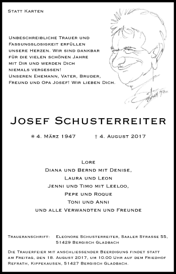 Anzeige von Josef Schusterreiter von Kölner Stadt-Anzeiger / Kölnische Rundschau / Express