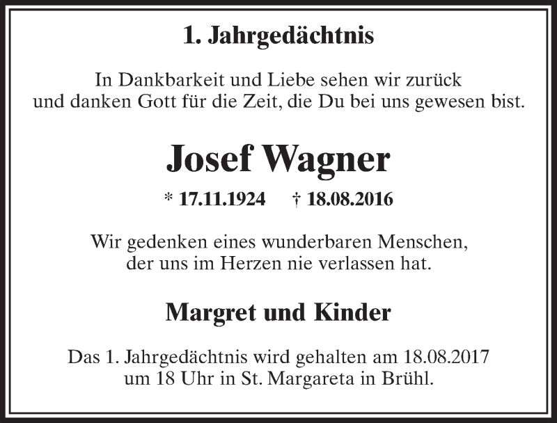  Traueranzeige für Josef Wagner vom 16.08.2017 aus  Schlossbote/Werbekurier 
