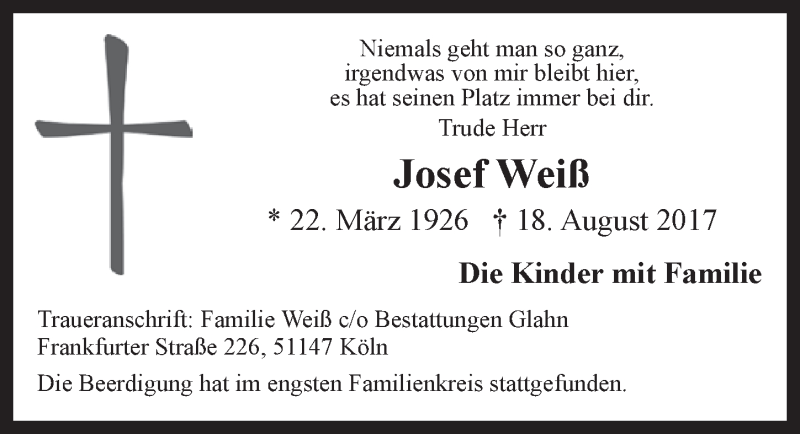  Traueranzeige für Josef Weiß vom 30.08.2017 aus  Kölner Wochenspiegel 