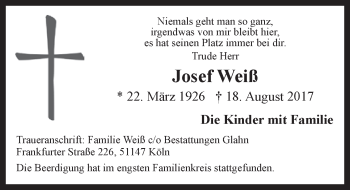 Anzeige von Josef Weiß von  Kölner Wochenspiegel 