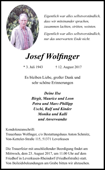 Anzeige von Josef Wolfinger von Kölner Stadt-Anzeiger / Kölnische Rundschau / Express