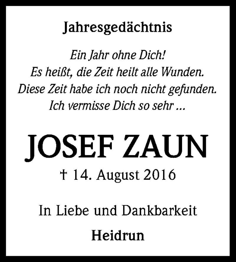  Traueranzeige für Josef Zaun vom 12.08.2017 aus Kölner Stadt-Anzeiger / Kölnische Rundschau / Express
