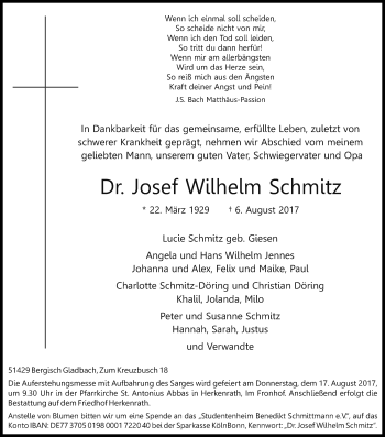 Anzeige von Josef Wilhelm Schmitz von Kölner Stadt-Anzeiger / Kölnische Rundschau / Express