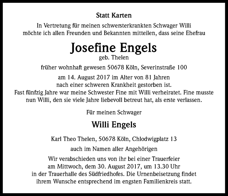  Traueranzeige für Josefine Engels vom 19.08.2017 aus Kölner Stadt-Anzeiger / Kölnische Rundschau / Express