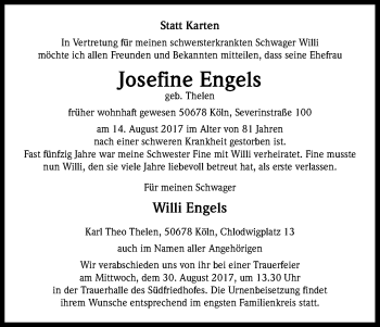 Anzeige von Josefine Engels von Kölner Stadt-Anzeiger / Kölnische Rundschau / Express