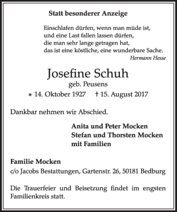 Anzeige von Josefine Schuh von  Sonntags-Post 