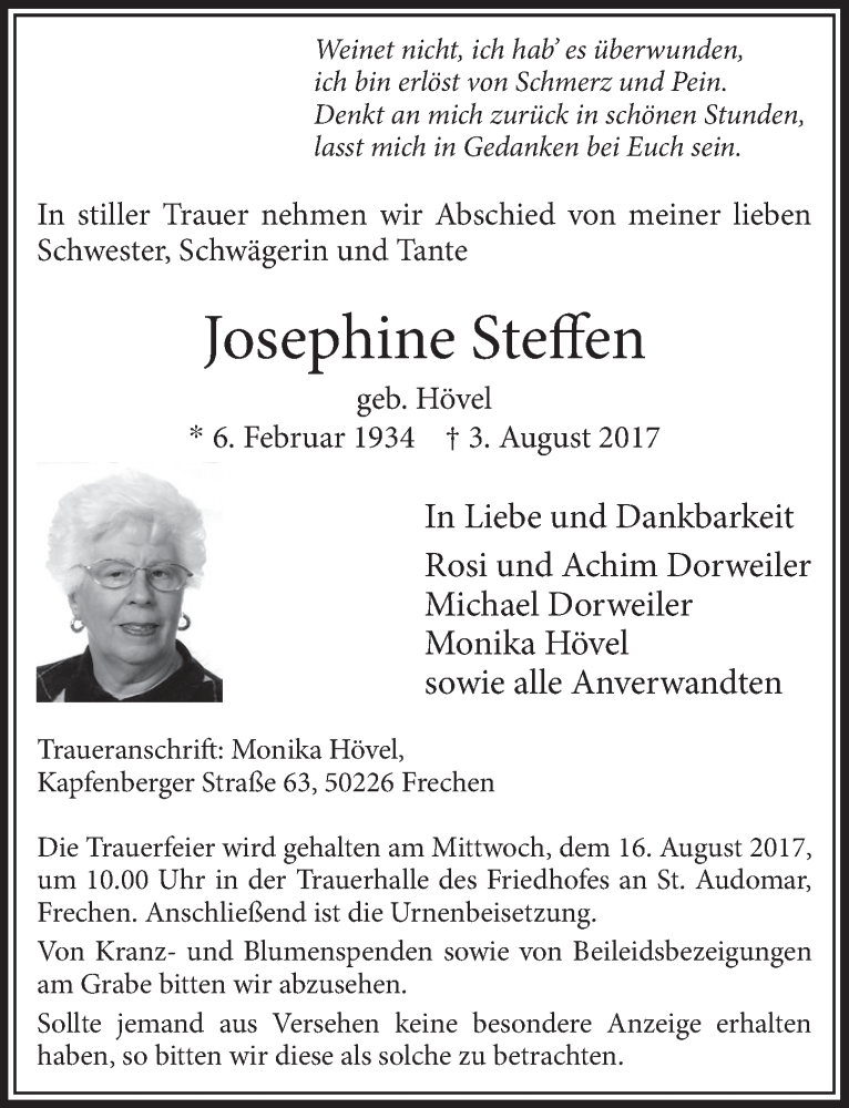 Traueranzeigen von Josephine Steffen | WirTrauern