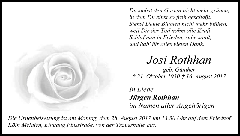  Traueranzeige für Josi Rothhan vom 26.08.2017 aus Kölner Stadt-Anzeiger / Kölnische Rundschau / Express