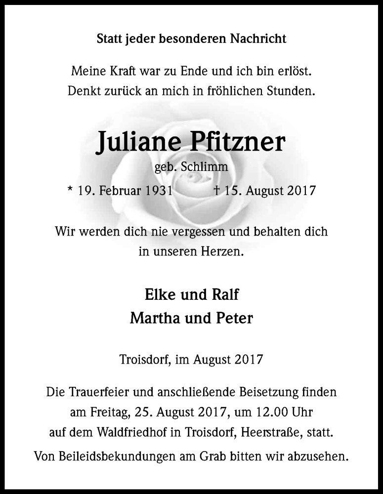  Traueranzeige für Juliane Pfitzner vom 19.08.2017 aus Kölner Stadt-Anzeiger / Kölnische Rundschau / Express
