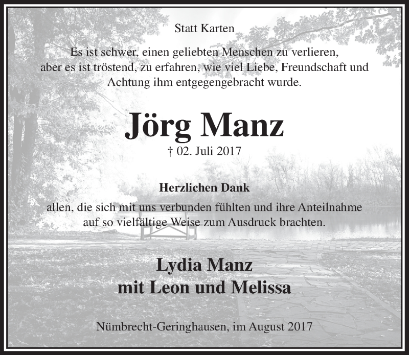  Traueranzeige für Jörg Manz vom 23.08.2017 aus  Lokalanzeiger 