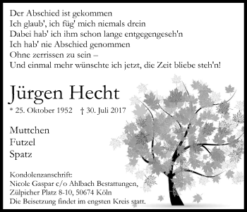 Anzeige von Jürgen Hecht von Kölner Stadt-Anzeiger / Kölnische Rundschau / Express