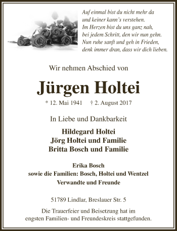 Anzeige von Jürgen Holtei von  Anzeigen Echo 