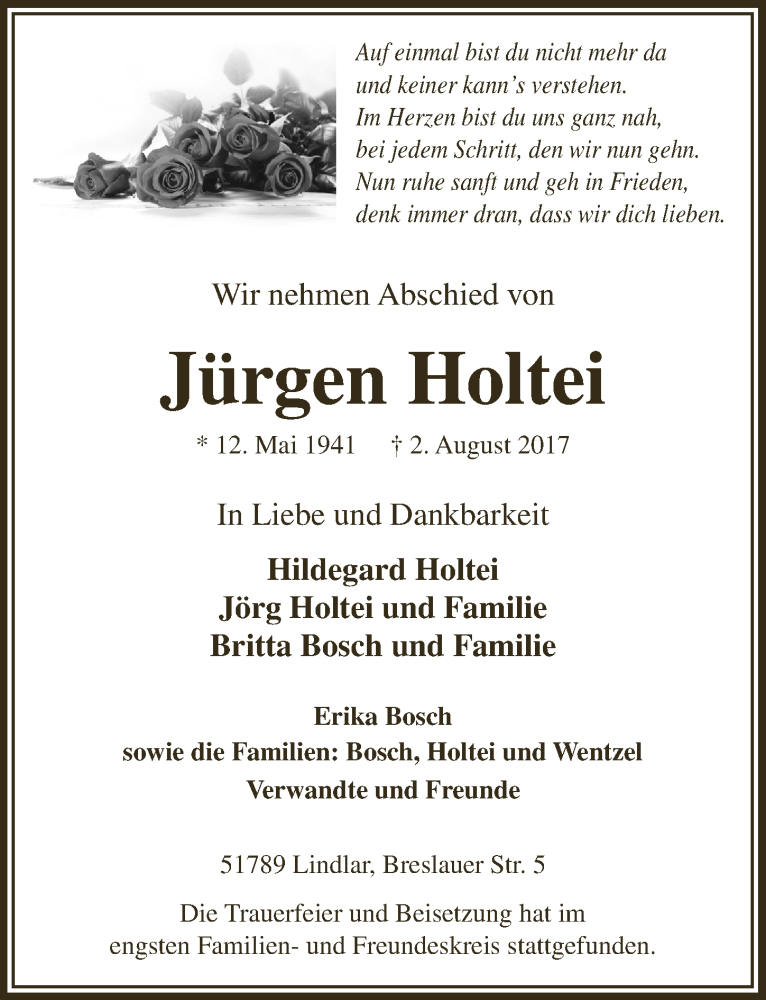  Traueranzeige für Jürgen Holtei vom 30.08.2017 aus  Anzeigen Echo 