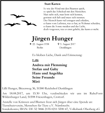 Anzeige von Jürgen Hunger von  Lokalanzeiger 