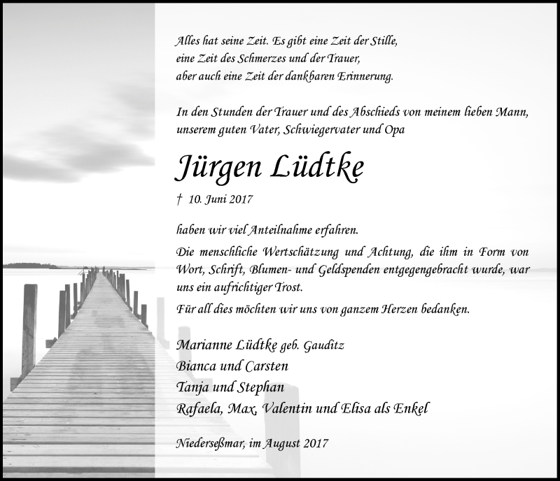  Traueranzeige für Jürgen Lüdtke vom 02.08.2017 aus  Anzeigen Echo 