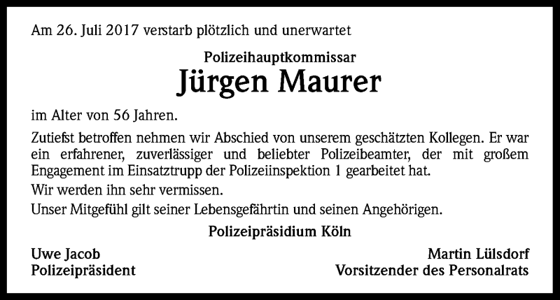  Traueranzeige für Jürgen Maurer vom 05.08.2017 aus Kölner Stadt-Anzeiger / Kölnische Rundschau / Express