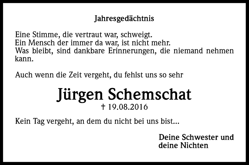  Traueranzeige für Jürgen Schemschat vom 19.08.2017 aus Kölner Stadt-Anzeiger / Kölnische Rundschau / Express