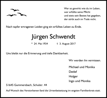 Anzeige von Jürgen Schwendt von Kölner Stadt-Anzeiger / Kölnische Rundschau / Express