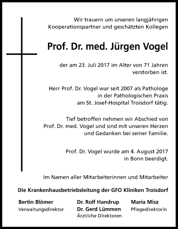 Anzeige von Jürgen Vogel von Kölner Stadt-Anzeiger / Kölnische Rundschau / Express