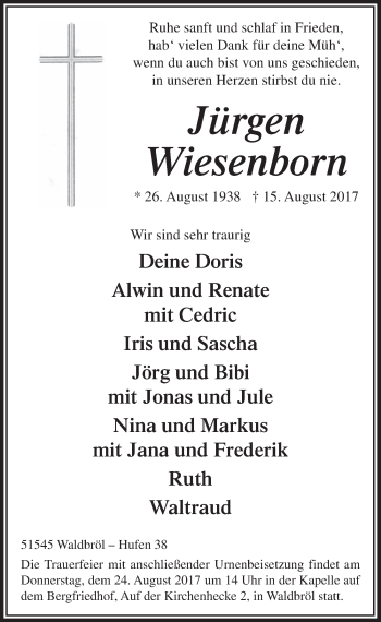 Anzeige von Jürgen Wiesenborn von  Lokalanzeiger 
