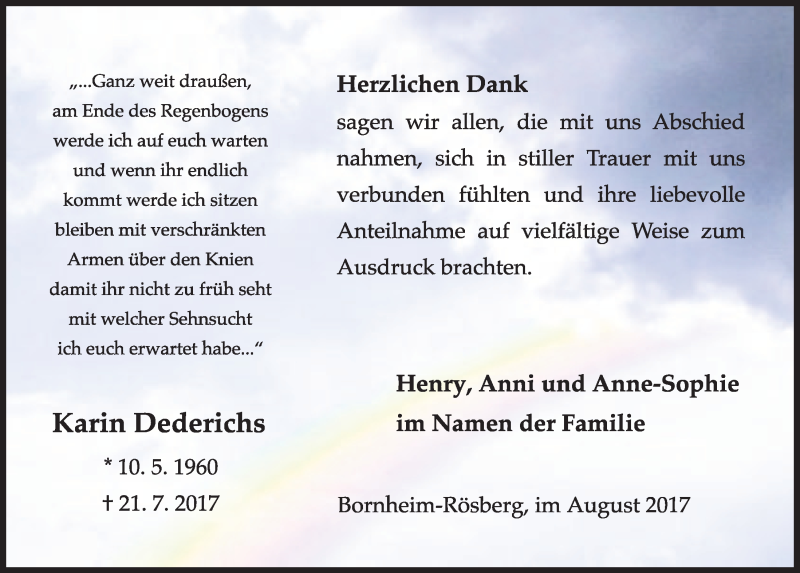  Traueranzeige für Karin Dederichs vom 23.08.2017 aus  Schlossbote/Werbekurier 