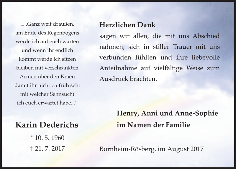  Traueranzeige für Karin Dederichs vom 23.08.2017 aus  Schaufenster/Blickpunkt 