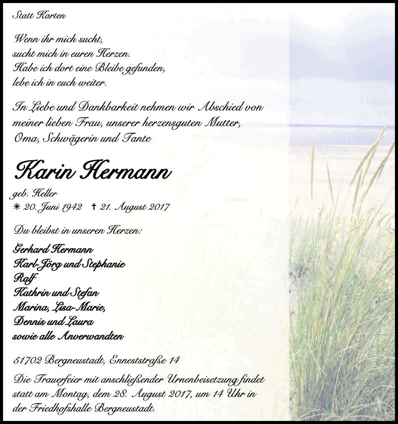  Traueranzeige für Karin Hermann vom 24.08.2017 aus Kölner Stadt-Anzeiger / Kölnische Rundschau / Express