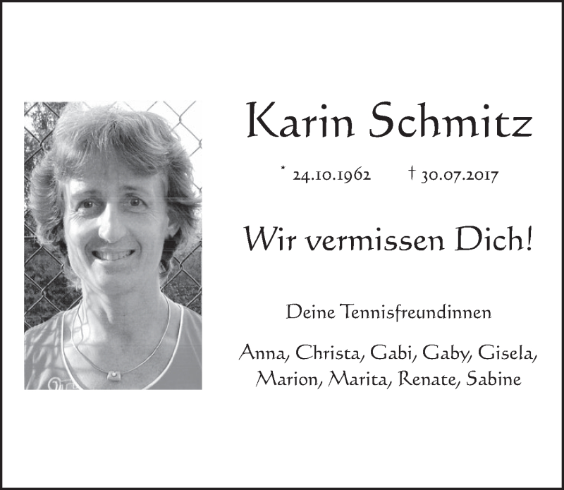  Traueranzeige für Karin Schmitz vom 09.08.2017 aus  Schlossbote/Werbekurier 