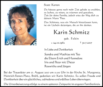Anzeige von Karin Schmitz von Kölner Stadt-Anzeiger / Kölnische Rundschau / Express