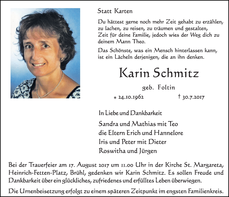  Traueranzeige für Karin Schmitz vom 09.08.2017 aus  Schlossbote/Werbekurier 