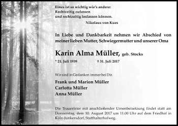 Anzeige von Karin Anna Müller von Kölner Stadt-Anzeiger / Kölnische Rundschau / Express