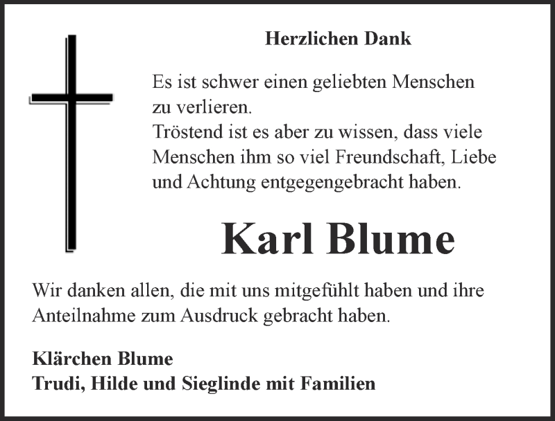  Traueranzeige für Karl Blume vom 02.08.2017 aus  Kölner Wochenspiegel 