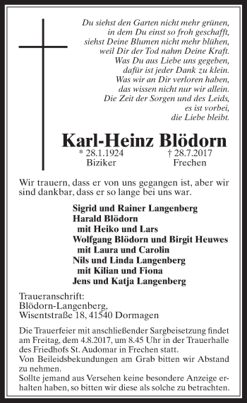 Anzeige von Karl-Heinz Blödorn von  Wochenende 