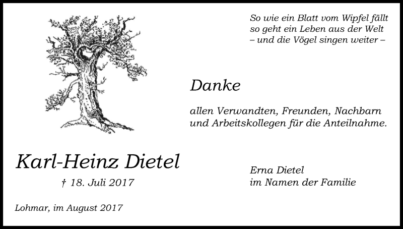  Traueranzeige für Karl-Heinz Dietel vom 19.08.2017 aus Kölner Stadt-Anzeiger / Kölnische Rundschau / Express