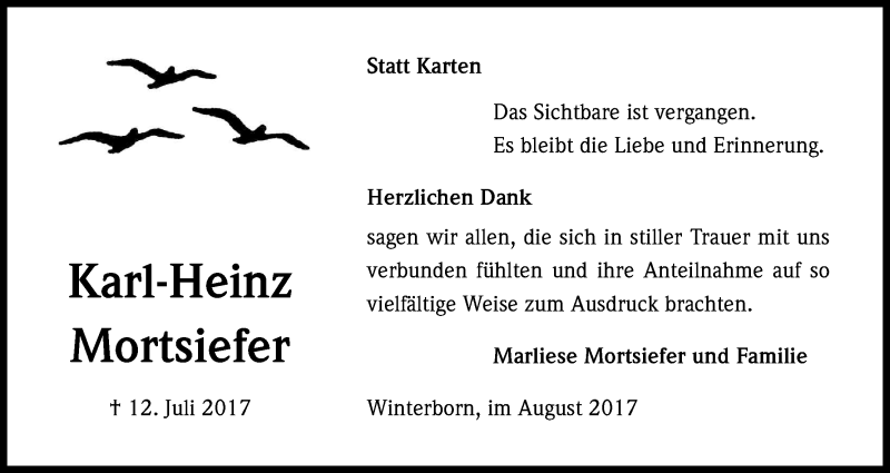  Traueranzeige für Karl-Heinz Mortsiefer vom 26.08.2017 aus Kölner Stadt-Anzeiger / Kölnische Rundschau / Express