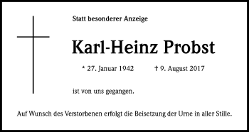 Anzeige von Karl-Heinz Probst von Kölner Stadt-Anzeiger / Kölnische Rundschau / Express