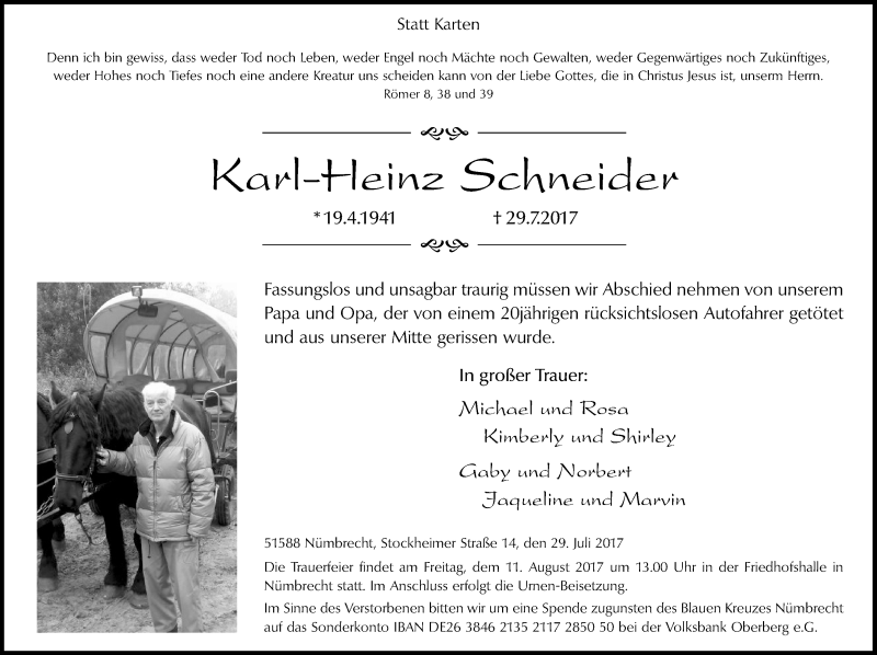  Traueranzeige für Karl-Heinz Schneider vom 09.08.2017 aus  Anzeigen Echo  Lokalanzeiger 