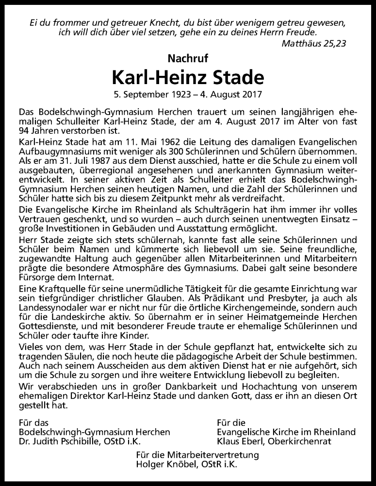  Traueranzeige für Karl-Heinz Stade vom 16.08.2017 aus Kölner Stadt-Anzeiger / Kölnische Rundschau / Express