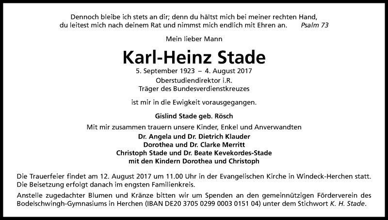 Traueranzeige für Karl-Heinz Stade vom 09.08.2017 aus Kölner Stadt-Anzeiger / Kölnische Rundschau / Express