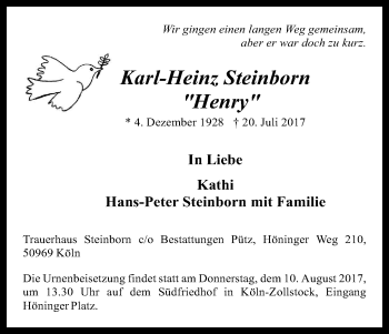 Anzeige von Karl-Heinz Steinborn von Kölner Stadt-Anzeiger / Kölnische Rundschau / Express