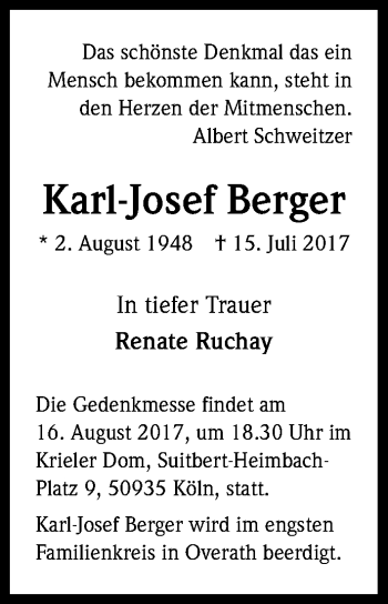 Anzeige von Karl-Josef Berger von Kölner Stadt-Anzeiger / Kölnische Rundschau / Express