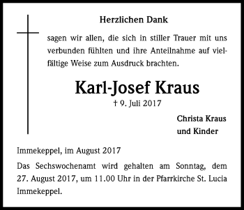 Anzeige von Karl-Josef Kraus von Kölner Stadt-Anzeiger / Kölnische Rundschau / Express